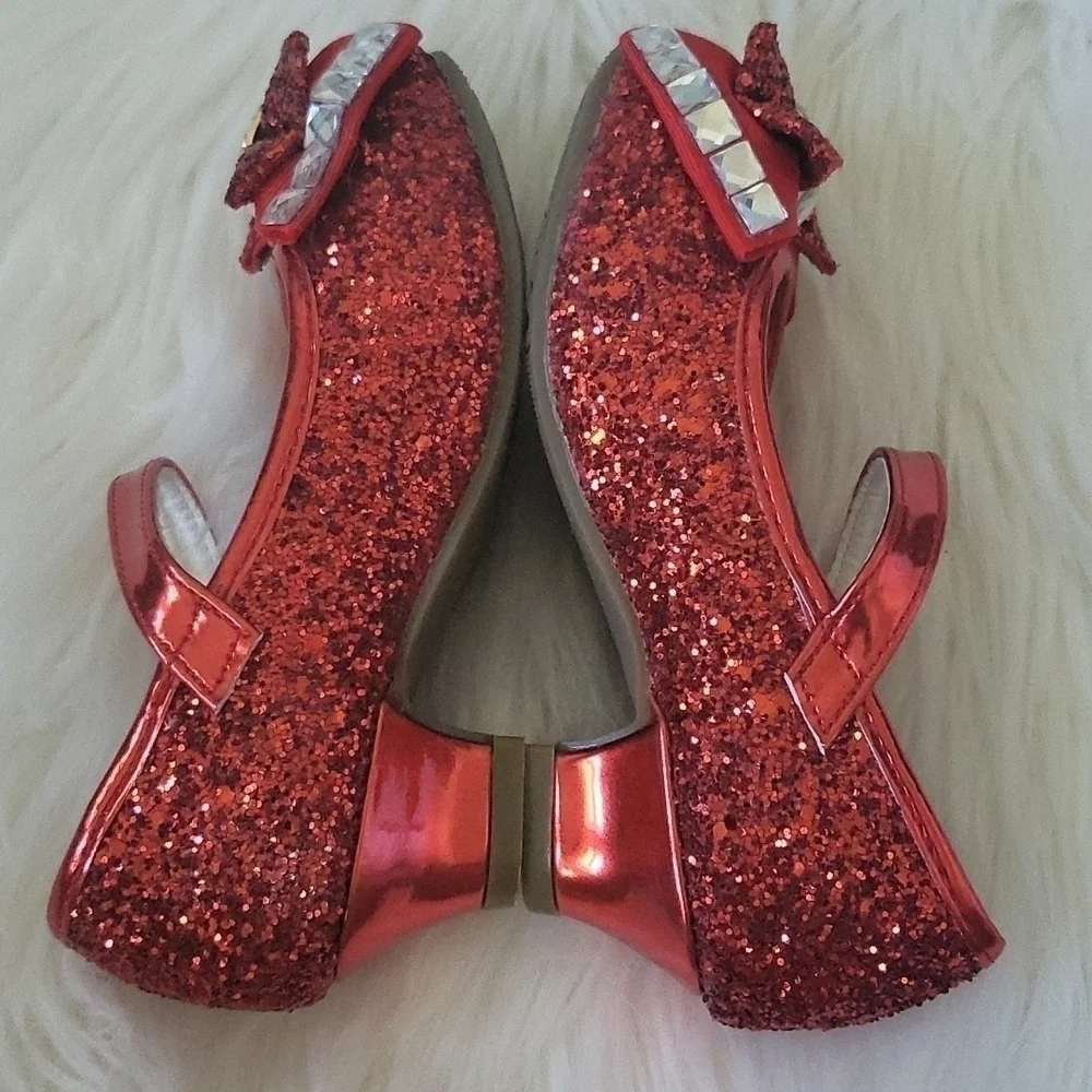 Jiaduowang Red Glitter and Rhinestone Rounded Toe Little Girl Heeled Sho…